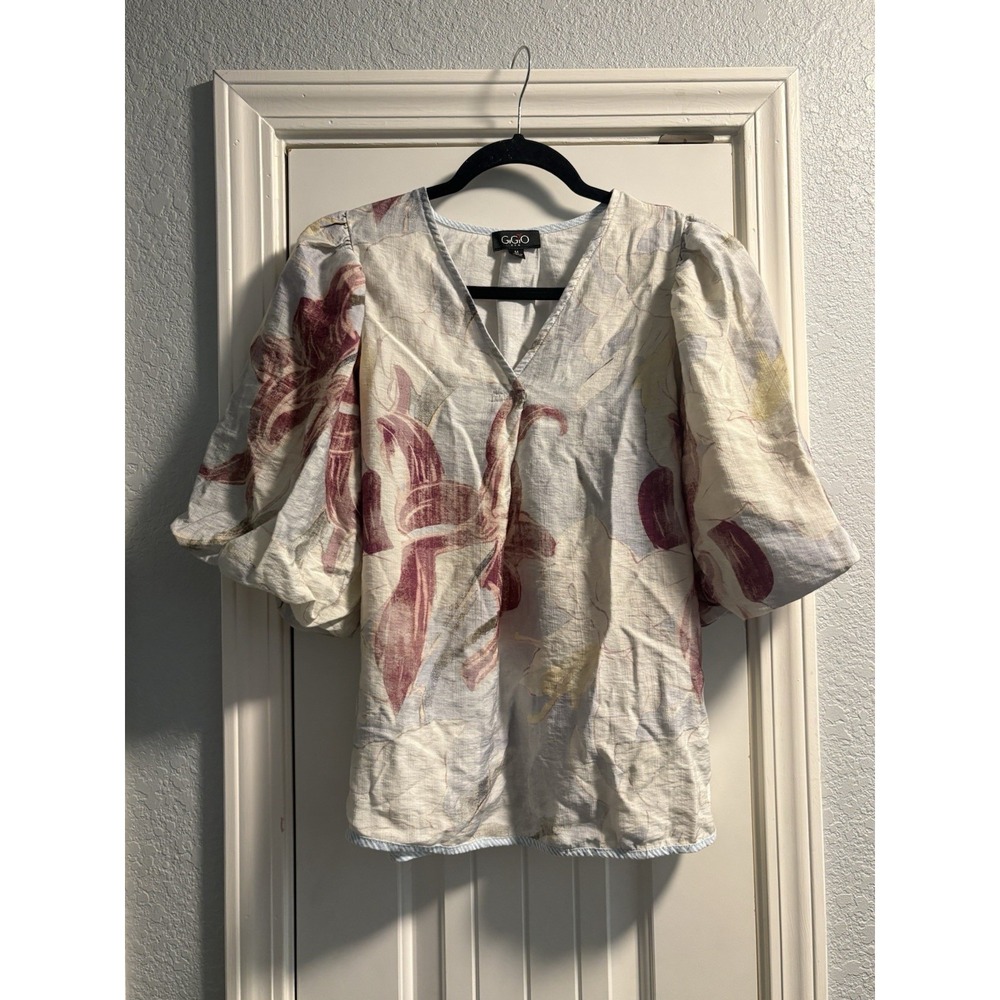 GIGIO Floral Puff Sleeve Blouse Womens M Cream Burgundy V-Neck TG11767
